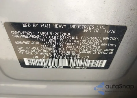 2017 Subaru Forester 2.5I from USA, damaged, VIN JF2SJABC4HH506772